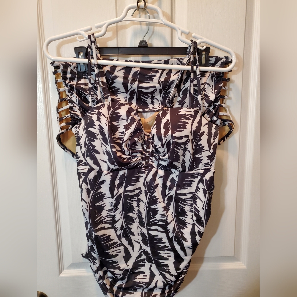 Lane Bryant Black and White Ruffled Cut Out Swim Tank